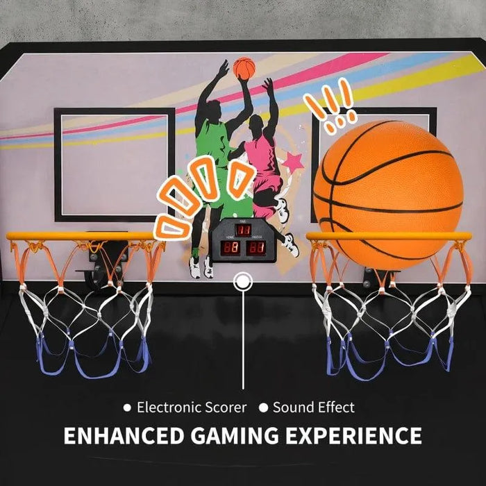 Double shot basketball arcade game with two hoops, electronic scoreboard, and colorful graphics.