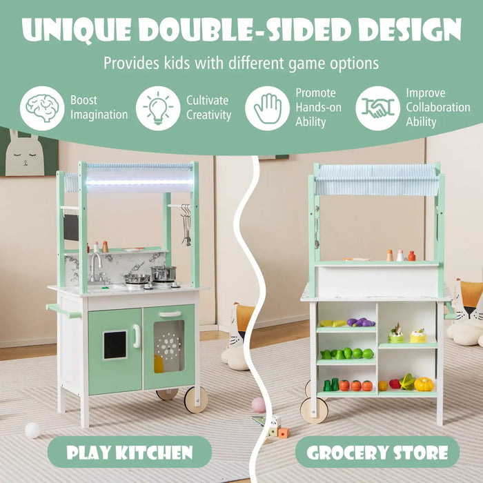 Double-Sided Wooden Kids Kitchen Playset and Grocery Store | LED Lights and Accessories COSTWAY - Little and Giant Explorers Costway