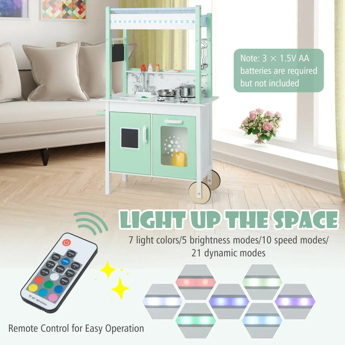 Double-Sided Wooden Kids Kitchen Playset and Grocery Store | LED Lights and Accessories COSTWAY - Little and Giant Explorers Costway