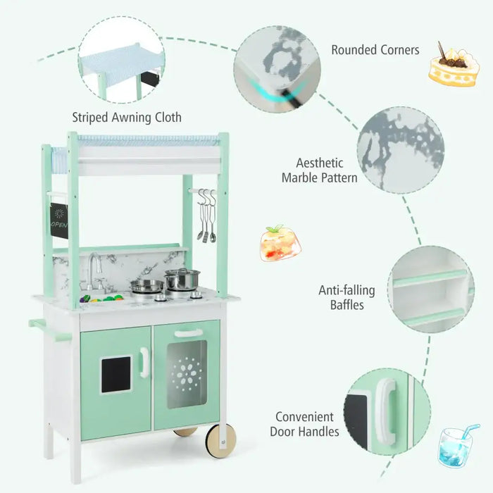 Double-Sided Wooden Kids Kitchen Playset and Grocery Store | LED Lights and Accessories COSTWAY - Little and Giant Explorers Costway