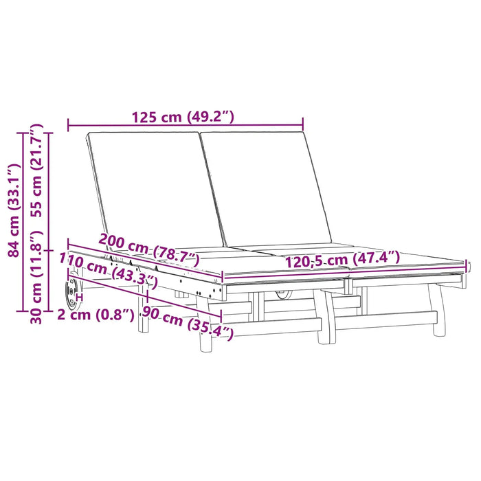 Double Sun Lounger with Wheels and Cushion - Little and Giant Explorers vidaXL