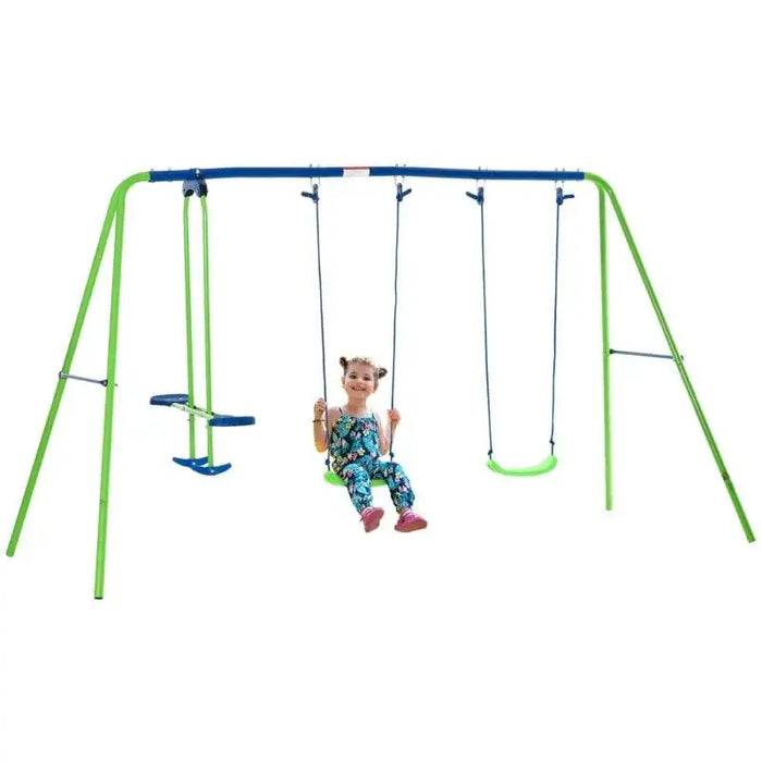 Green and blue double swing set with glider, girl sitting on swing, white background