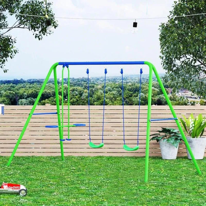 Double swing set with glider, blue and green frame, on grass with trees and fence