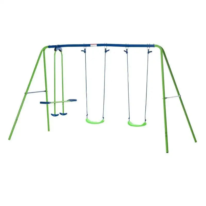Blue and green metal swing set with two swings and double seat glider on white background