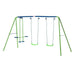 Blue and green metal swing set with two swings and double seat glider on white background