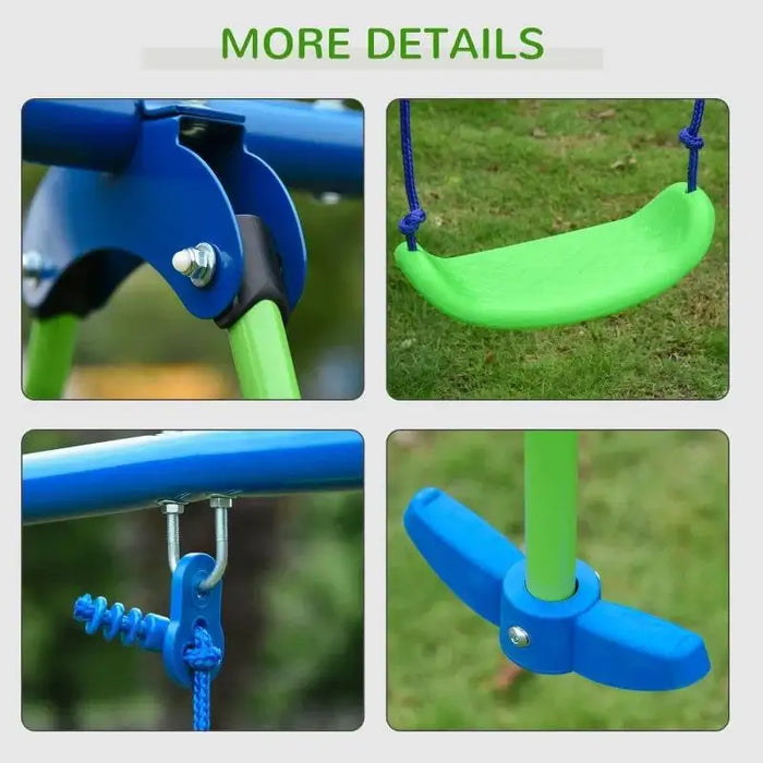 Blue and green metal swing set parts and glider seat details on grass