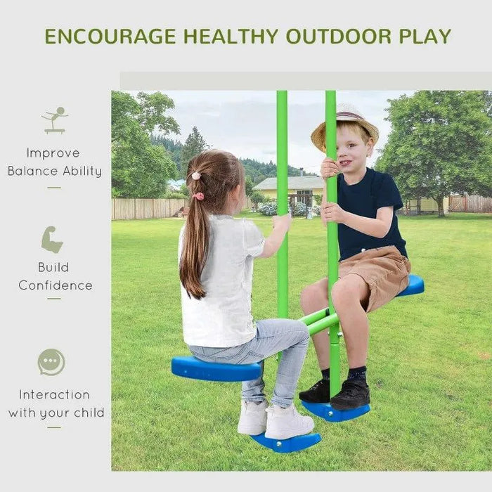 Two kids playing on blue and green double seat glider swing set outdoors in grassy yard.