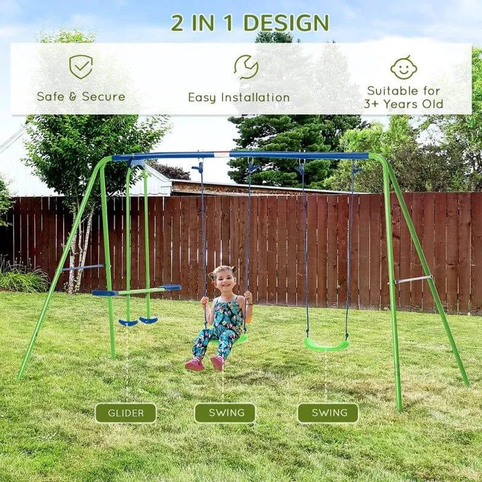 Double swing set with glider, blue and green, in backyard with child sitting on swing