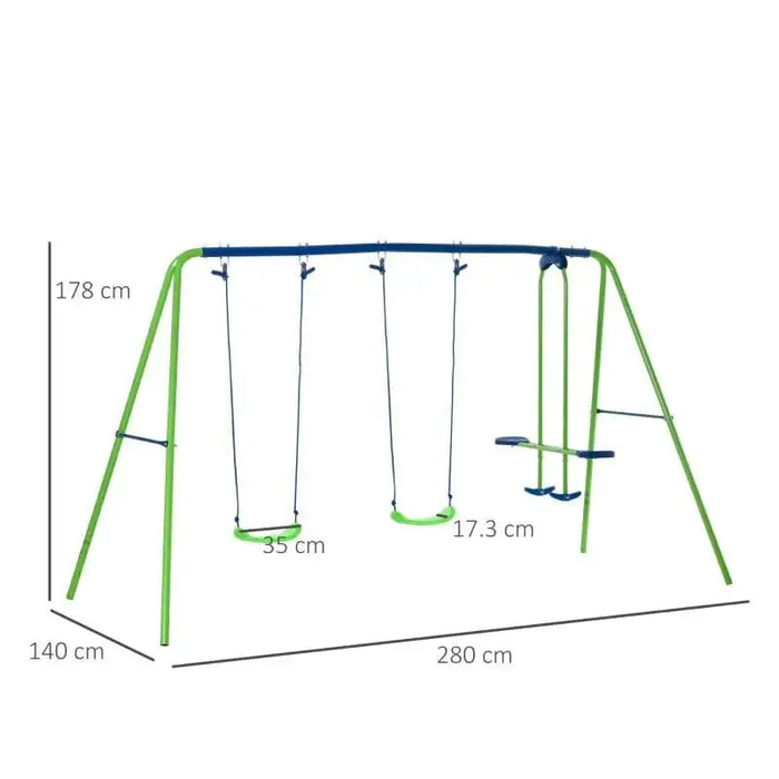 Blue and green double swing set with glider, playground equipment, dimensions labeled
