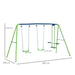 Blue and green double swing set with glider, playground equipment, dimensions labeled