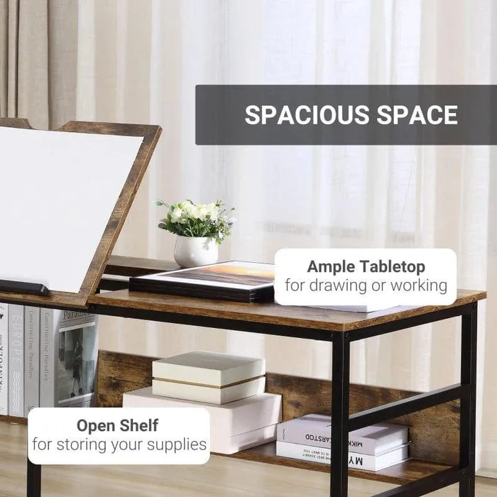 Adjustable industrial drafting table with ample tabletop, open shelf, and modern wood design