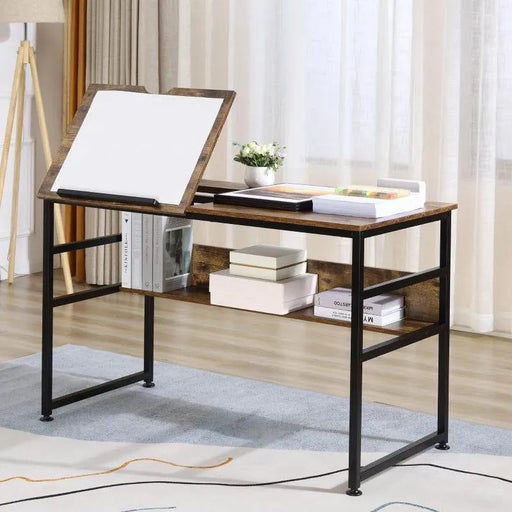 Adjustable drafting table with wooden top, metal frame, storage shelf, books and decor