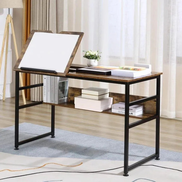 Adjustable drafting table with wooden top, metal frame, storage shelf, books and decor