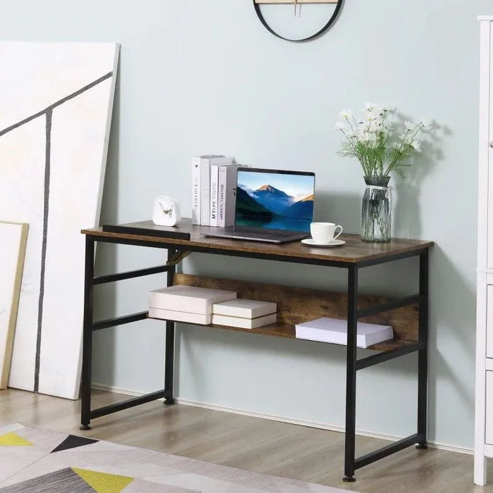 Adjustable industrial drafting table workstation with wood top, black frame, and storage shelf