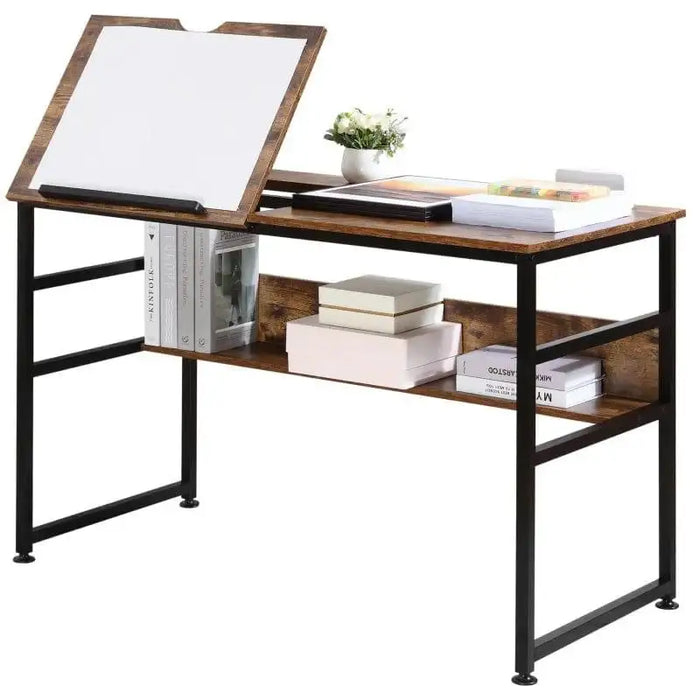 Adjustable industrial drafting table with wooden shelves, black metal frame, and books