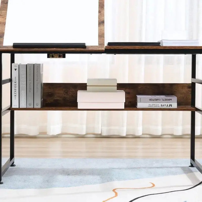 Adjustable drafting table with wooden shelf, books, and boxes, industrial workstation style