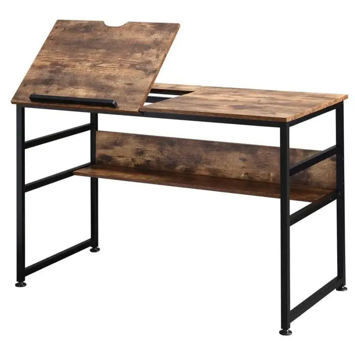 Adjustable industrial drafting table with rustic wood top and black metal frame