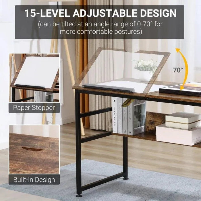 Adjustable drafting table with 15 tilt angles, paper stopper, wood and metal design