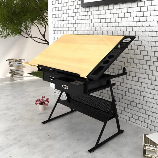 Adjustable tilting drafting table with dual surface, storage drawers and black metal frame