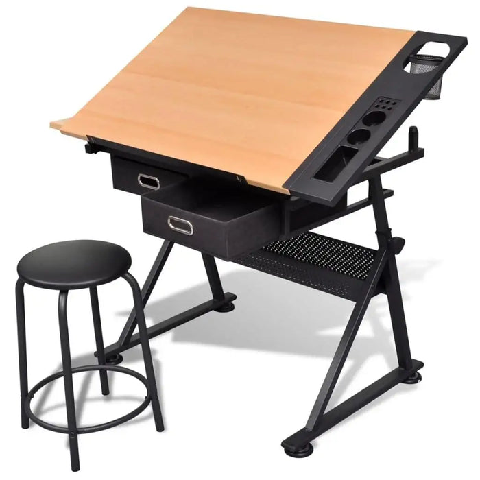 Adjustable drafting table with stool, tiltable wood worktop, black metal frame and drawers