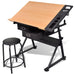 Adjustable drafting table with stool, tiltable wood worktop, black metal frame and drawers