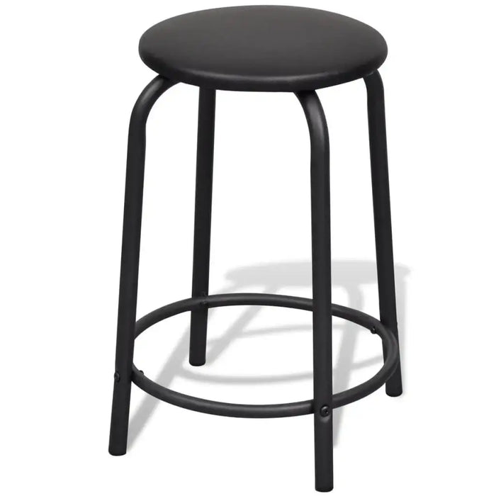 Black metal drafting stool with round seat and footrest, industrial design on white background