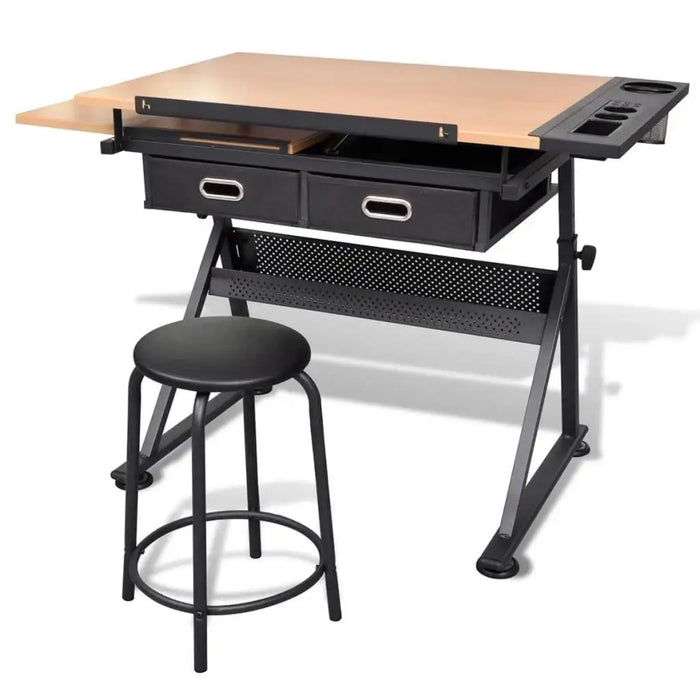 Adjustable height drafting table with tiltable worktop, drawers, and black stool