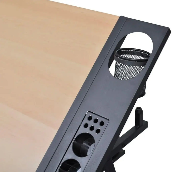 Adjustable drafting table with light wood worktop, black side slots, and mesh cup holder