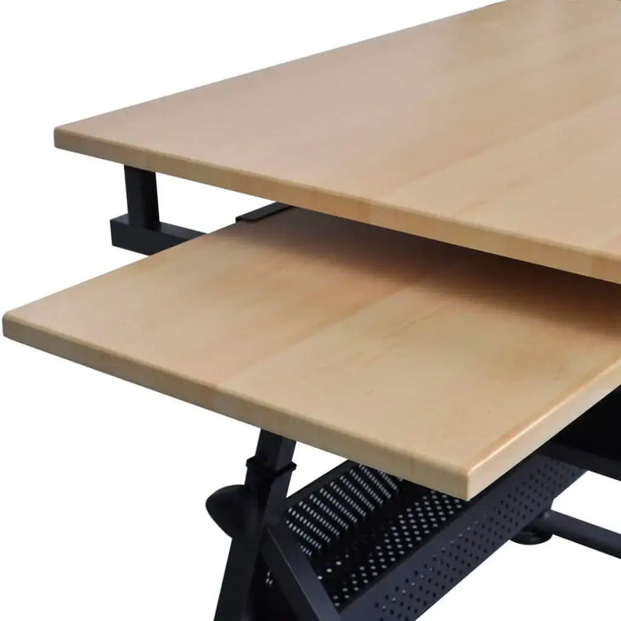 Adjustable height drafting table with dual worktop and metal frame