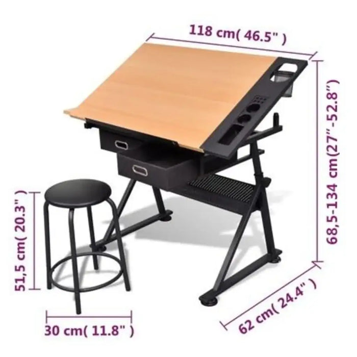 Adjustable height drafting table with tiltable worktop, storage drawers, and stool