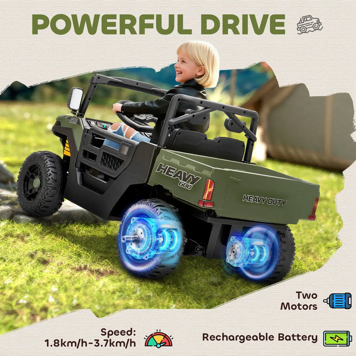 Child playing with a toy off-road vehicle on grass, with 'Powerful Drive' text above.