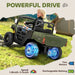 Child playing with a toy off-road vehicle on grass, with 'Powerful Drive' text above.