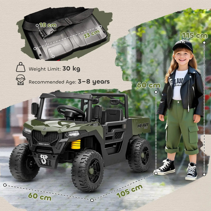 Green toy off-road vehicle with measurements and a child model for scale.