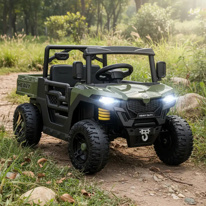 Green off-road vehicle on a dirt path in a natural setting