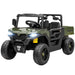 Toy off-road vehicle with green and black color scheme on a white background