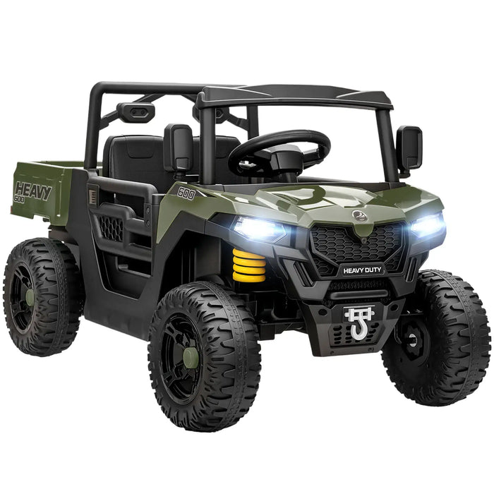 Toy off-road vehicle with green and black color scheme on a white background