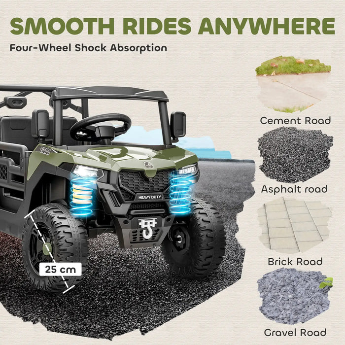 Green utility vehicle with four-wheel shock absorption features on a road surface illustration.