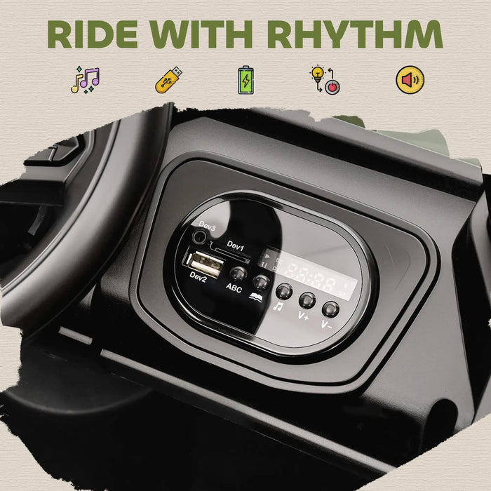 Control panel of a vehicle with 'Ride with Rhythm' text and icons on a beige background