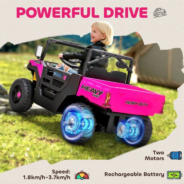 Child playing with a pink and black toy off-road vehicle on grass, with 'Powerful Drive' text above.