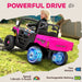 Child playing with a pink and black toy off-road vehicle on grass, with 'Powerful Drive' text above.