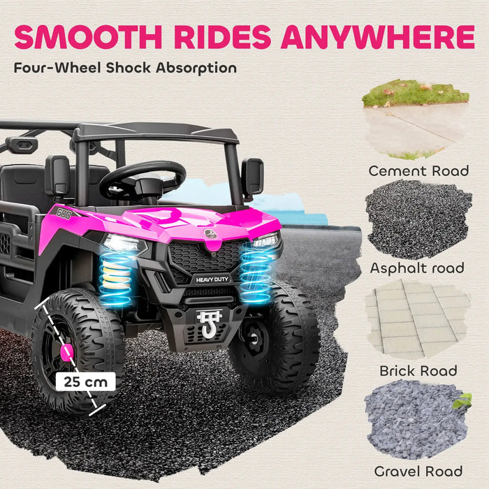 Pink and black toy off-road vehicle with four-wheel shock absorption features on a road surface illustration.