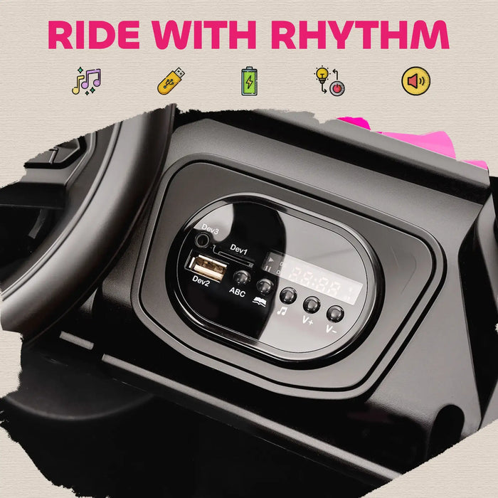Close-up of a motorcycle headlight with control panel, featuring text 'Ride with Rhythm' and icons.