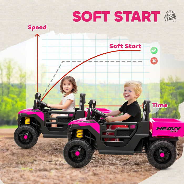Two children in pink and black toy trucks with a soft start diagram in the background.