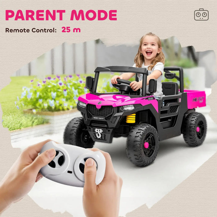 Child playing with a pink and black toy vehicle, remote control held by an adult, with 'Parent Mode' text.