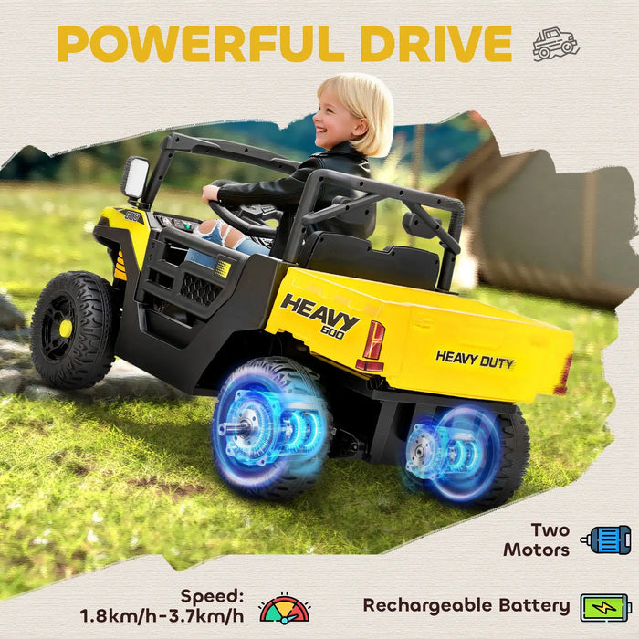 Toy off-road vehicle with glowing wheels and a child inside, set against a natural background.