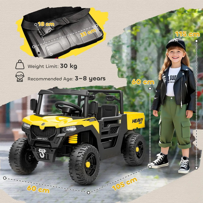 Toy vehicle with measurements and a child for scale, set against a blurred outdoor background.