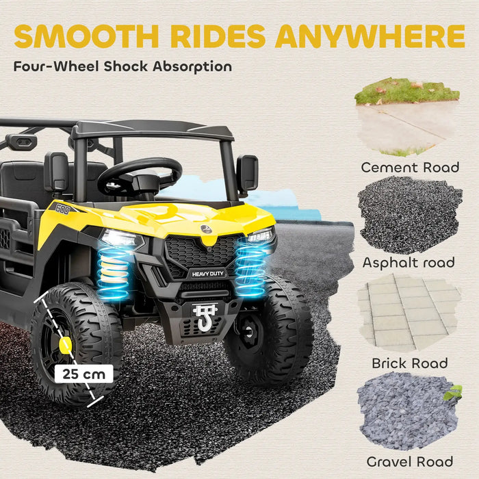 Toy off-road vehicle with four-wheel shock absorption feature on a road surface illustration.