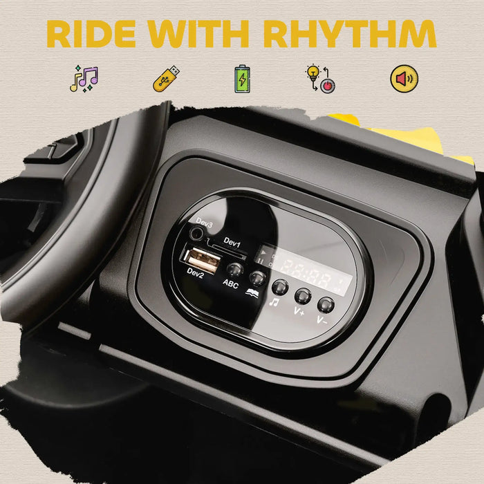 Black electronic device with control panel on a beige background, featuring the text 'Ride with Rhythm'.
