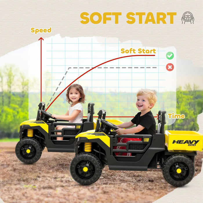 Two children sitting in toy trucks with a 'Soft Start' diagram in the background.