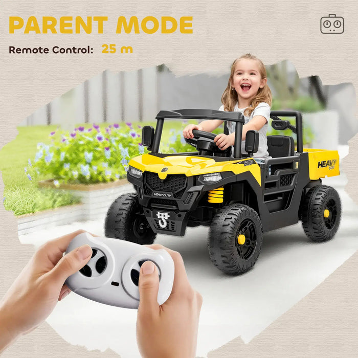 Child playing with a toy off-road vehicle and remote control, with text indicating 'Parent Mode' and 'Remote Control: 25 m'.